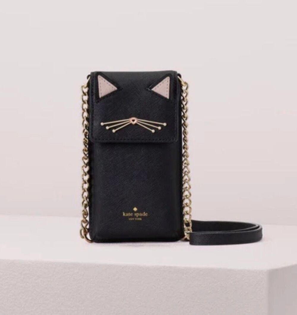 NWOT Retired Kate Spade 2019 Black Cat Texture Leather Phone Wallet Crossbody Ba